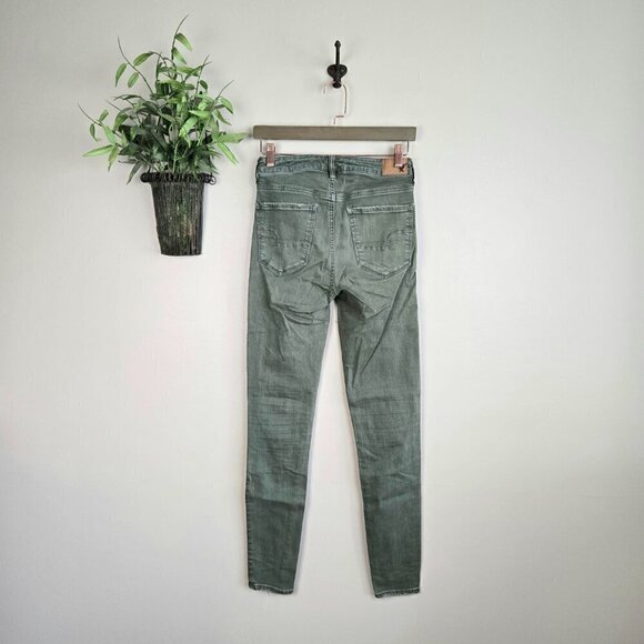 AE 2 Super Hi Rise Jegging Green Stretch Skinny Jeans American Eagle - Picture 11 of 14